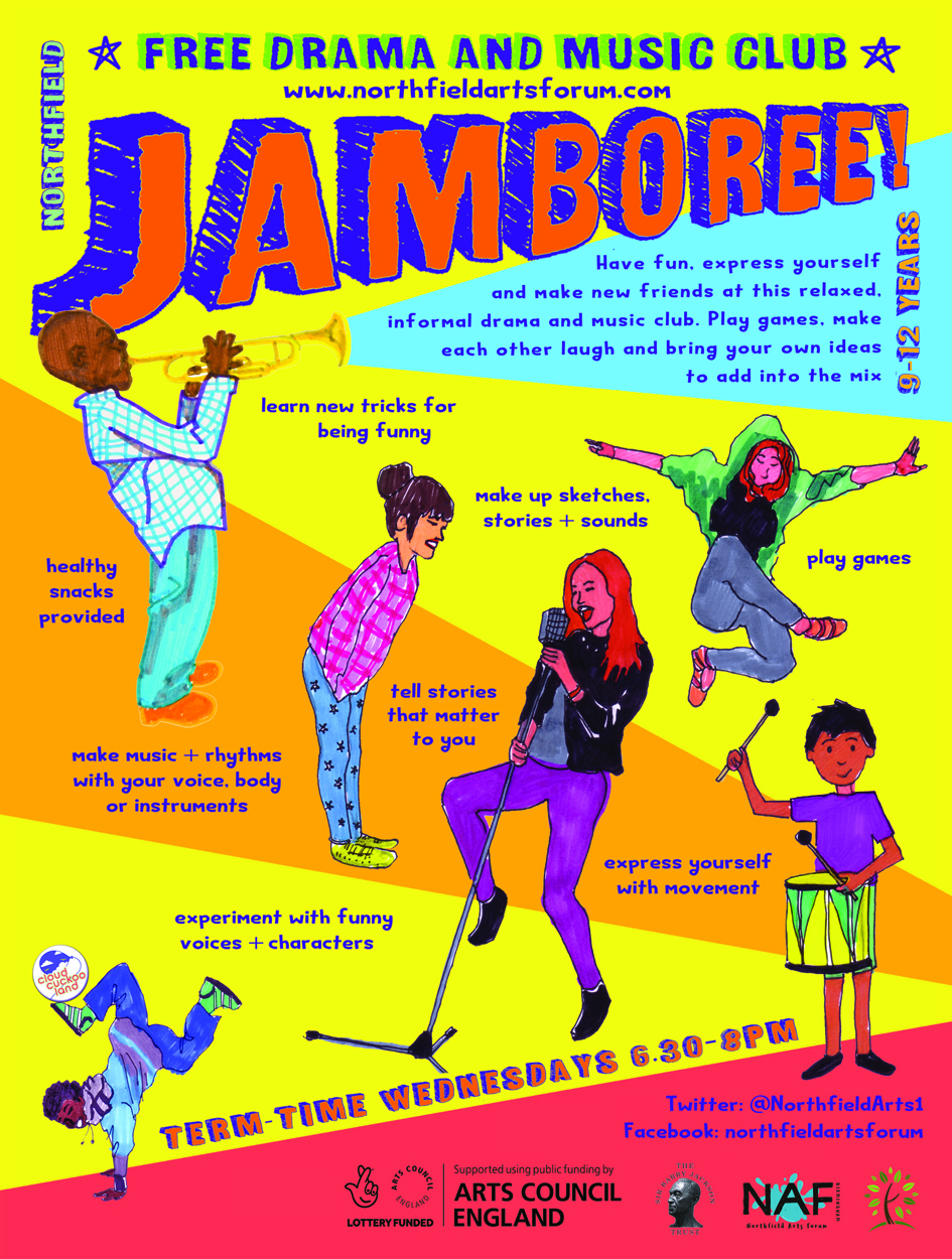 Jamboree flyer in red, yellow, orange and blue, shows hand-drawn images of young people playing trumpet and drum, laughing, singing, jumping and dancing. It says "Free drama and music club in Northfield, 9 to 12 years: Have fun, express yourself and make new friends at this relaxed, informal drama and music club".